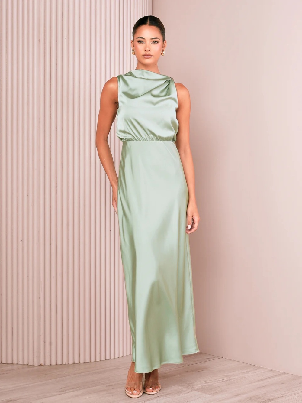 Flounce London Satin Maxi Belted Cowl Neck Sage Green Dress US 6 Formal Gown